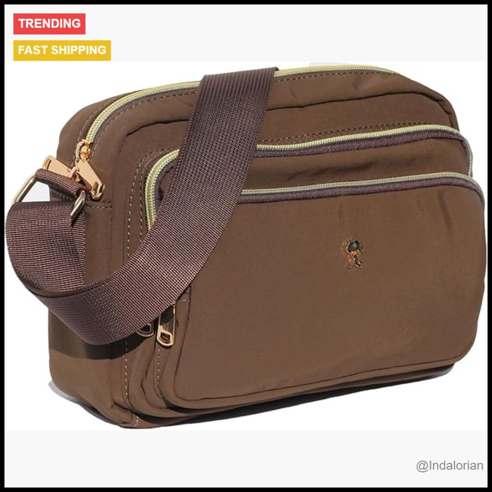 Triple Zip Crossbody Bag Multi-Pocket Nylon Shoulder Purse Adjustable Strap